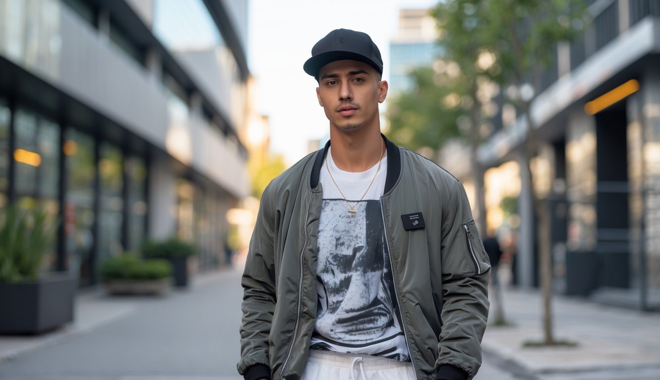 Seorang pria muda berdiri di trotoar kota dengan pakaian kasual dan latar belakang bangunan modern.