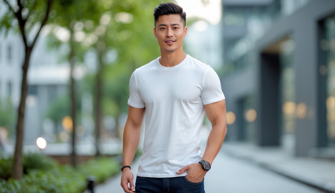 Seorang pria muda berdiri di luar ruangan mengenakan kaos putih, celana jeans gelap, dan sepatu putih dengan latar belakang perkotaan dan tanaman hijau.