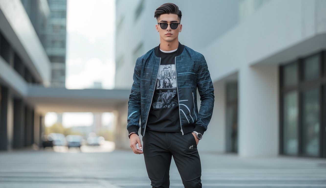 Seorang pria muda berdiri di lingkungan perkotaan mengenakan pakaian kasual modern dengan jaket, kaos, celana, dan sepatu putih.