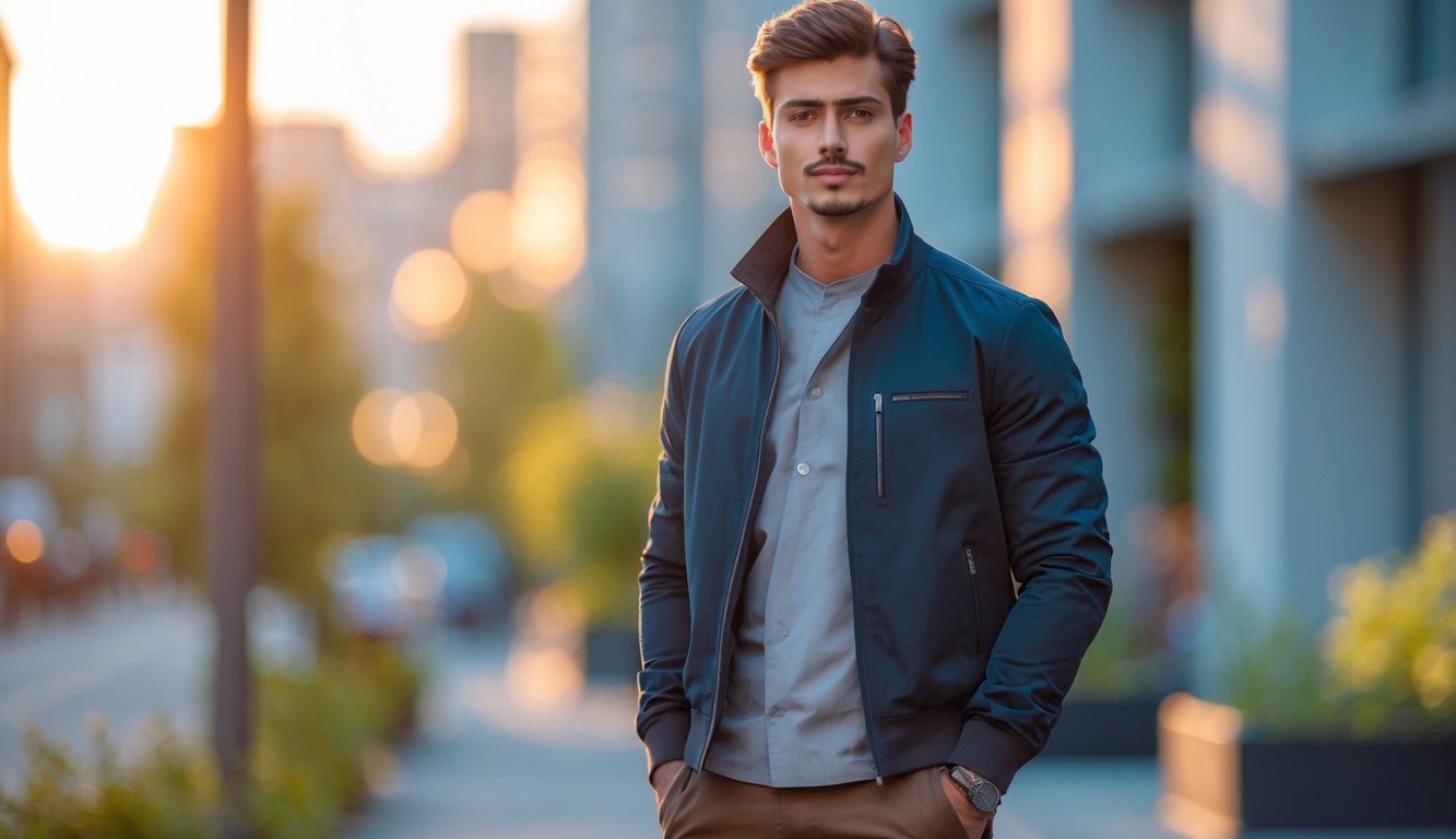 Seorang pria muda berdiri di luar ruangan dengan pakaian modis, latar belakang kota kabur dan cahaya matahari alami.