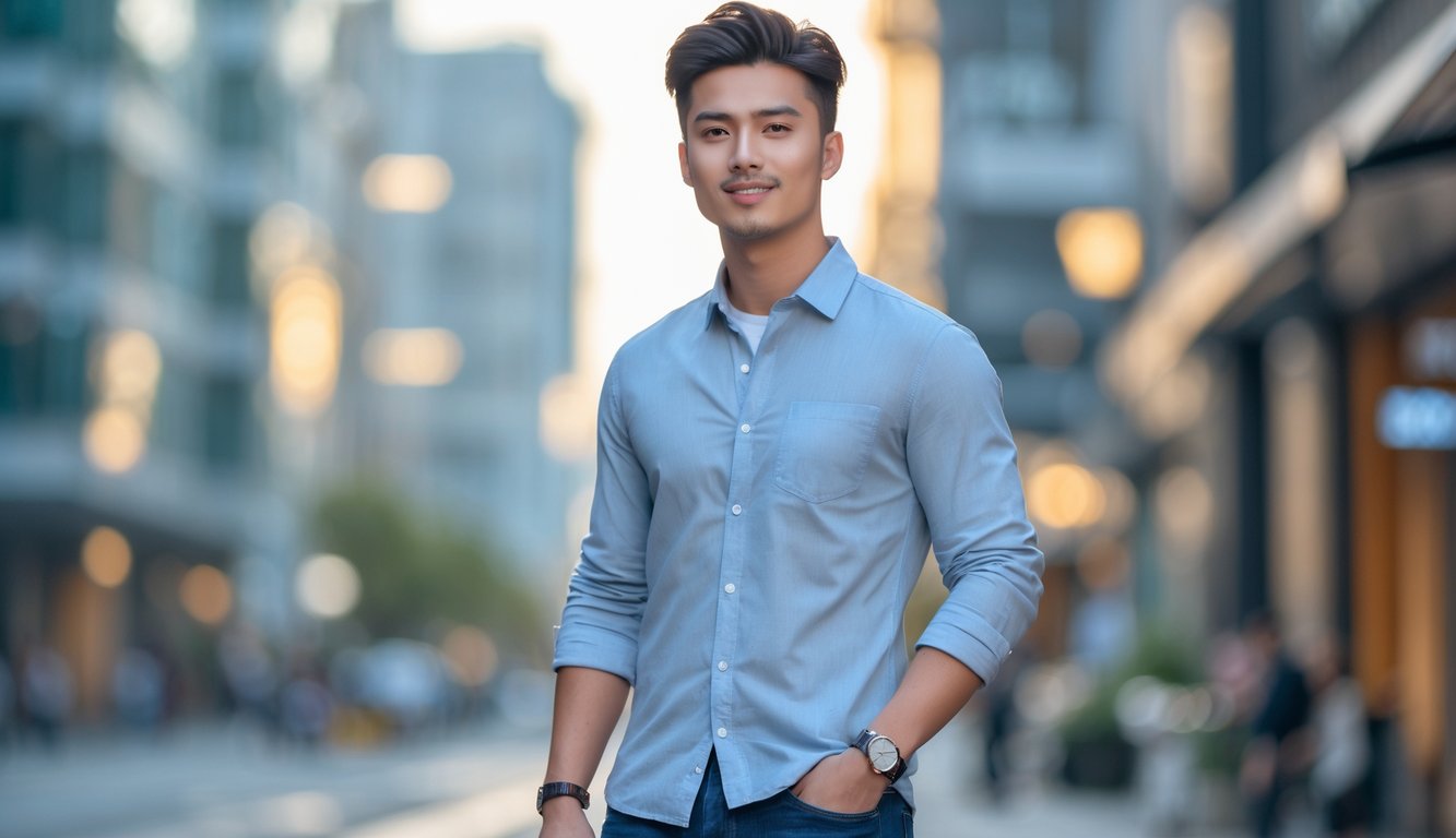 Seorang pria muda dengan pakaian kasual berdiri di luar ruangan di tengah kota pada siang hari.