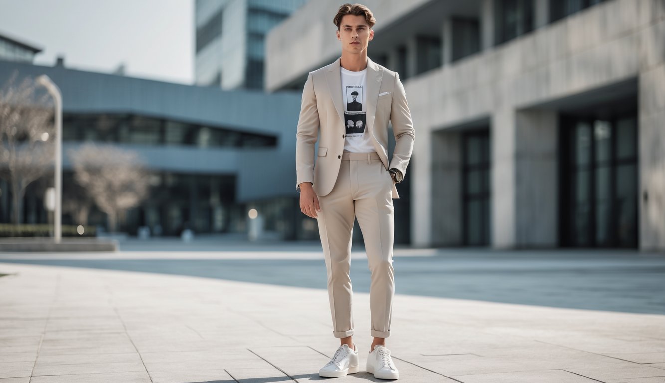 Seorang pria muda berdiri di lingkungan perkotaan mengenakan pakaian trendi tahun 2025.