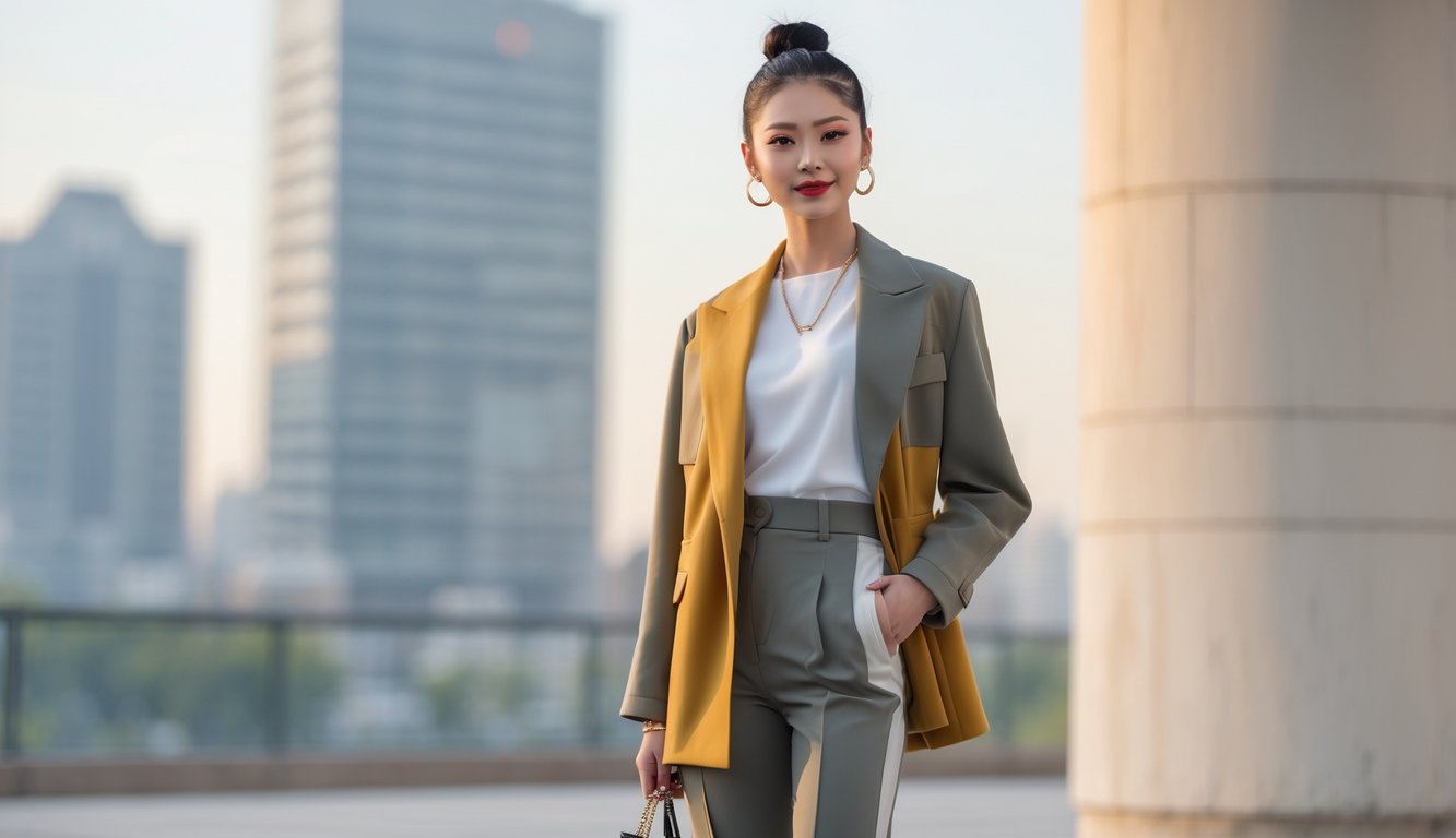 Seorang perempuan muda berdiri di luar ruangan dengan pakaian modis terbaru tahun 2025, di latar belakang pemandangan kota.