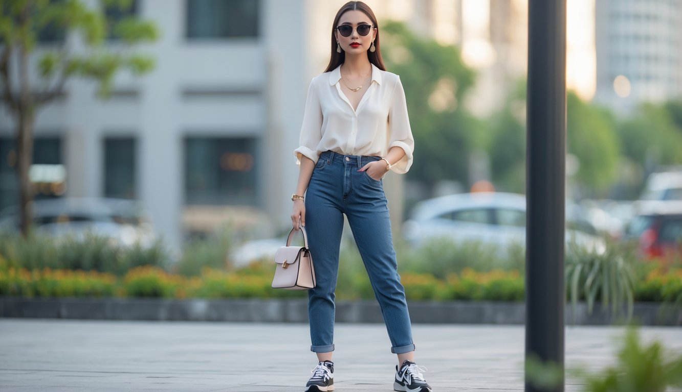 Seorang wanita muda berdiri di luar ruangan dengan latar kota, mengenakan pakaian kasual modis dan membawa tas tangan kecil.