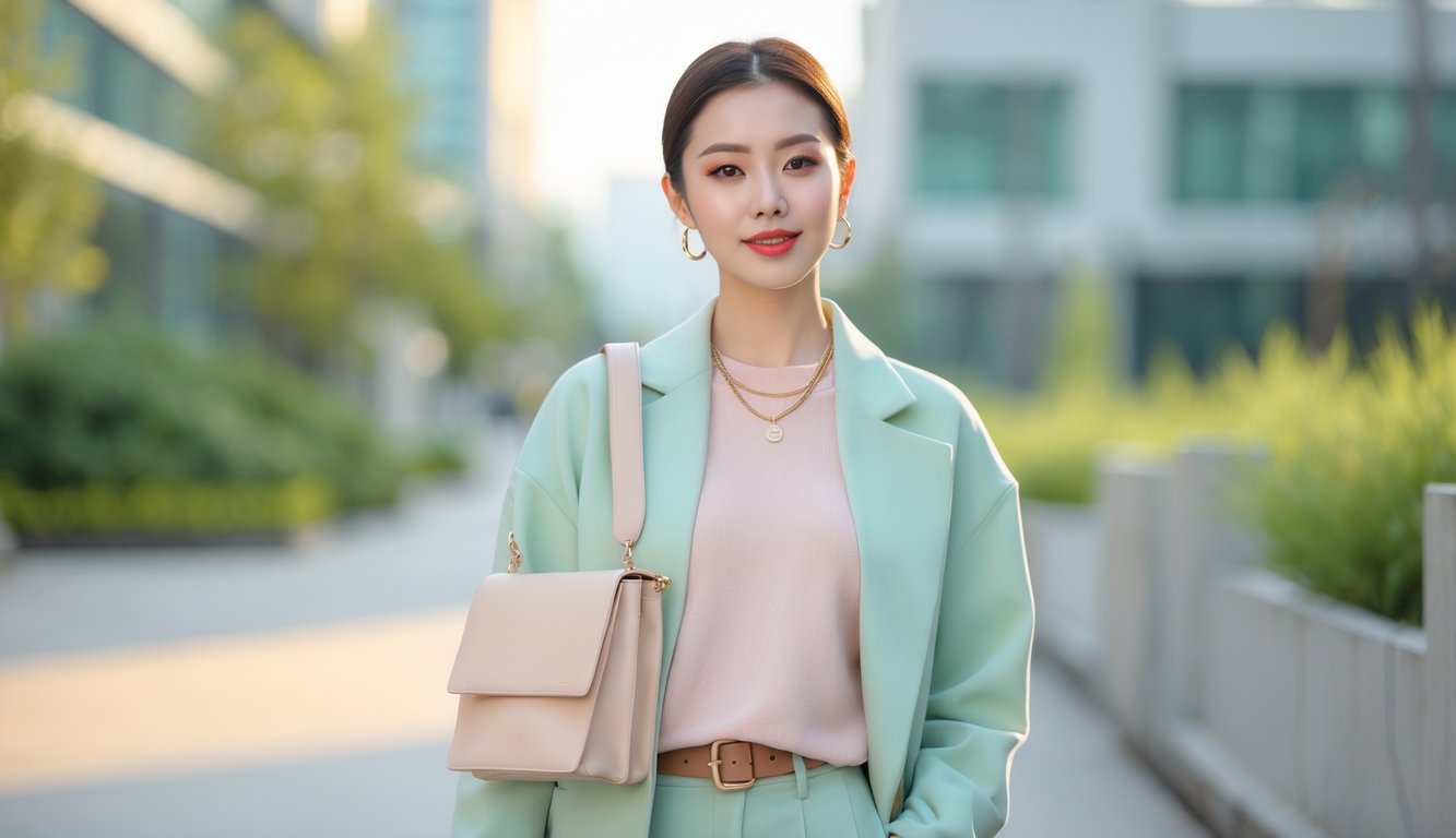 Seorang wanita muda berdiri di luar ruangan mengenakan pakaian modis dengan latar belakang kota dan tanaman hijau.