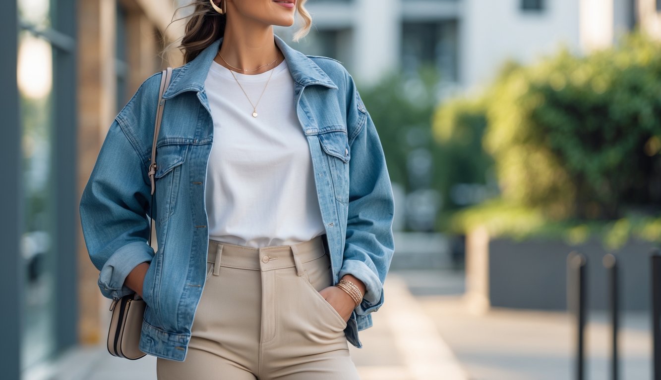 Seorang wanita berdiri di luar ruangan mengenakan pakaian kasual modern dengan jaket denim, kaos putih, celana panjang krem, dan sepatu olahraga putih.