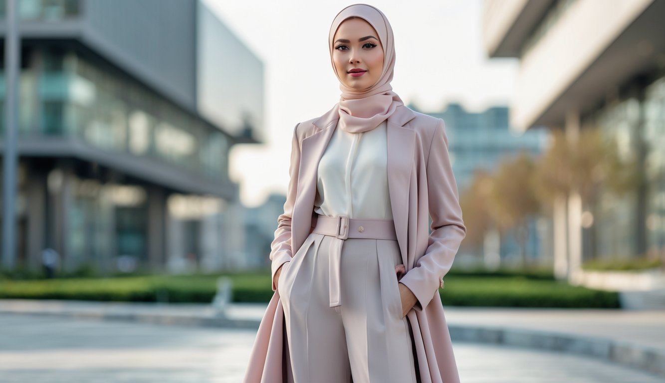 Seorang wanita mengenakan hijab dan pakaian modis berdiri di latar kota modern.