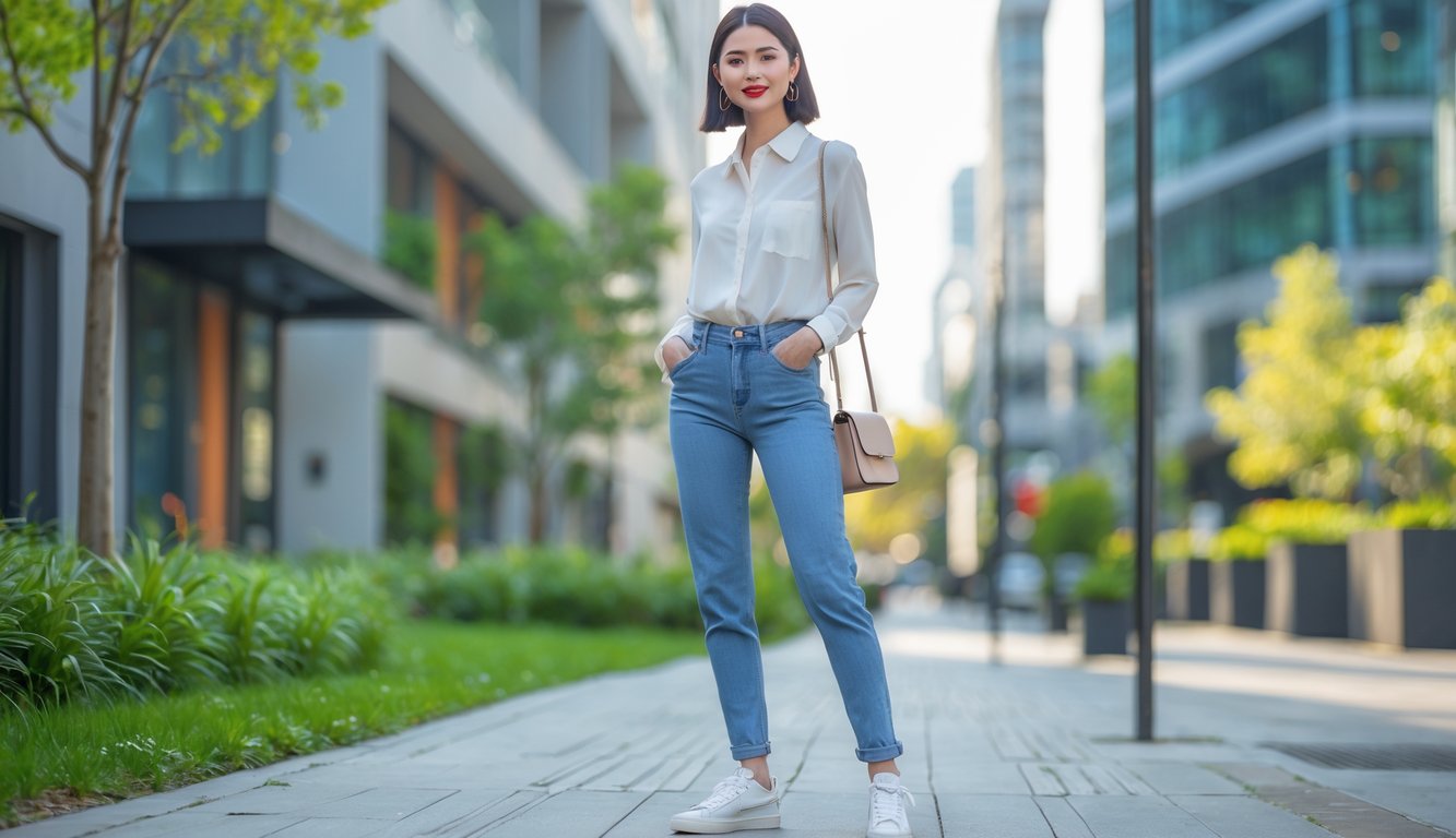 Seorang wanita muda berdiri di trotoar kota dengan pakaian kasual sehari-hari, latar belakang gedung dan tanaman hijau.