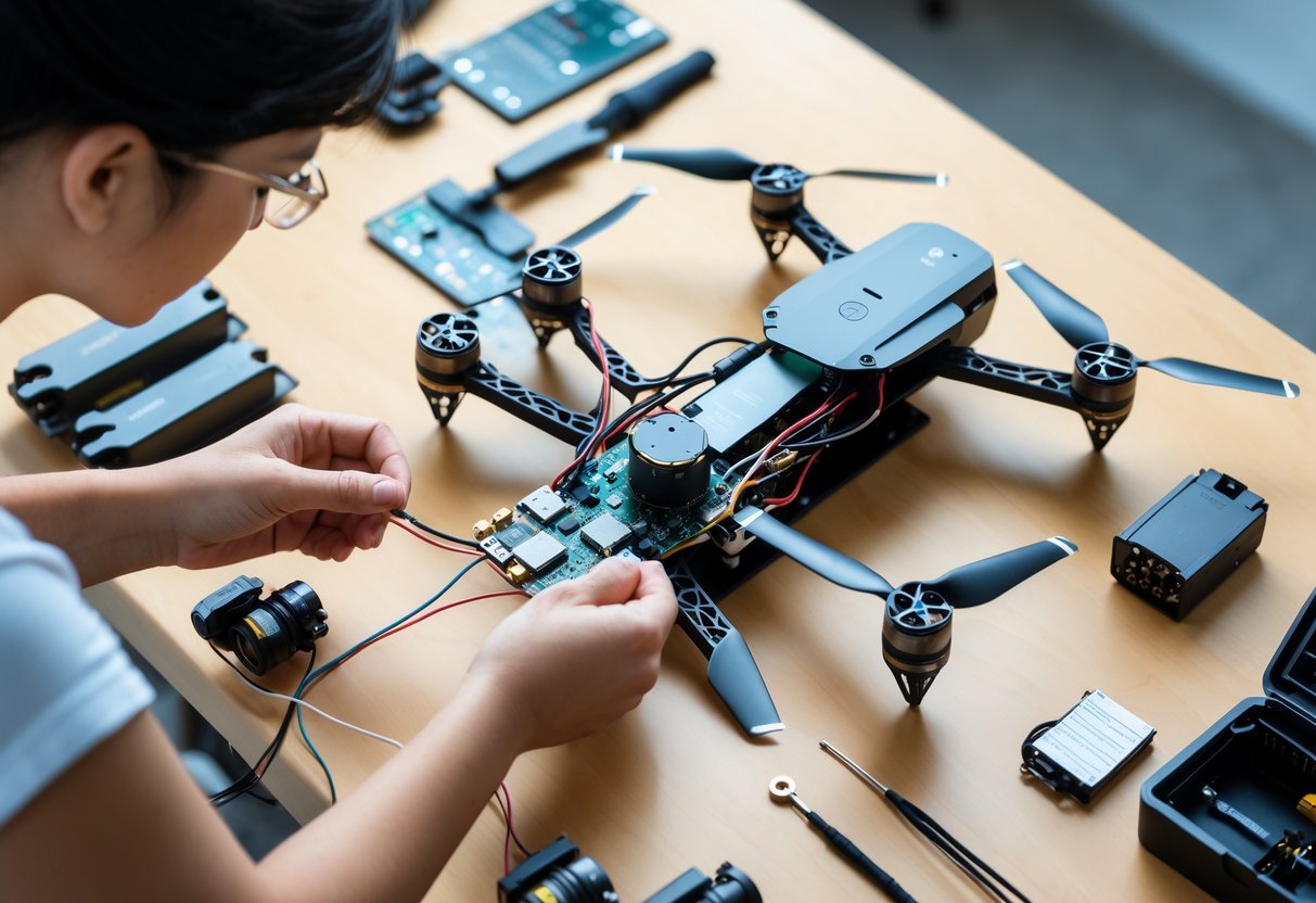 Hands assembling a drone on a wooden table with drone parts and tools arranged around.
