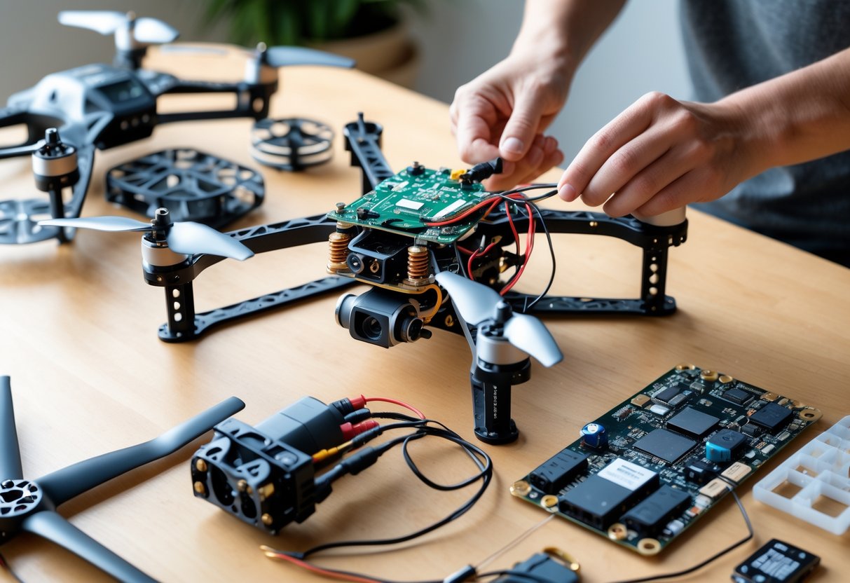Hands assembling drone components on a table with drone parts and tools around.