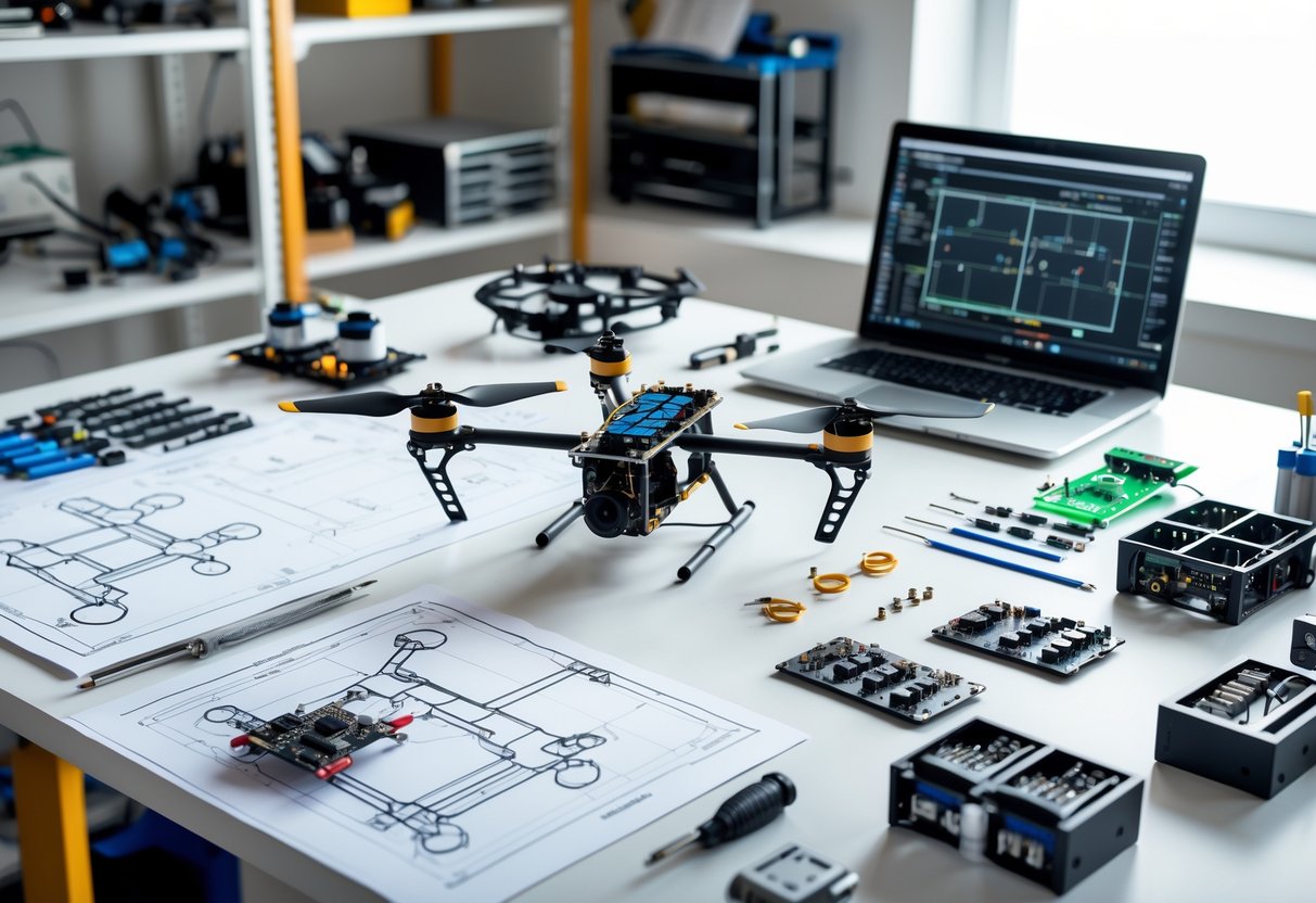 A workspace with drone parts, blueprints, and tools arranged for building a drone.