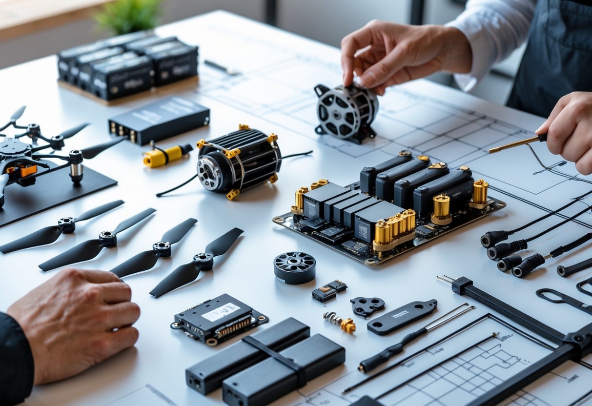 A person’s hands examining drone parts on a workbench with various components and tools arranged around.