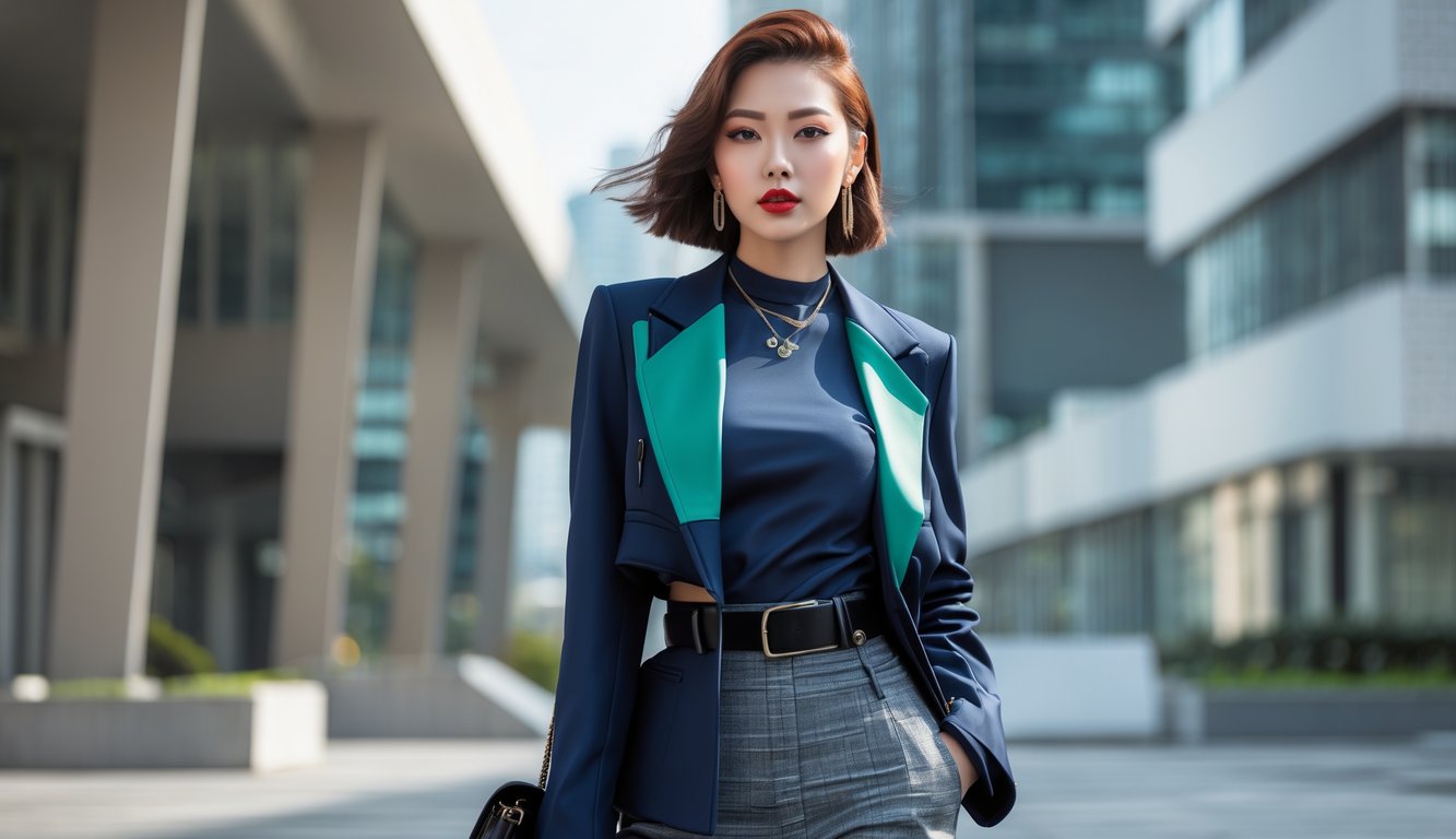 Seorang wanita berdiri di latar perkotaan mengenakan pakaian modis dengan gaya tahun 2025.