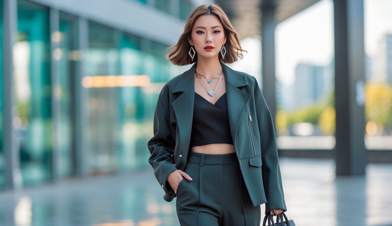 Seorang perempuan berdiri di lingkungan perkotaan dengan pakaian modis dan aksesori trendi tahun 2025.