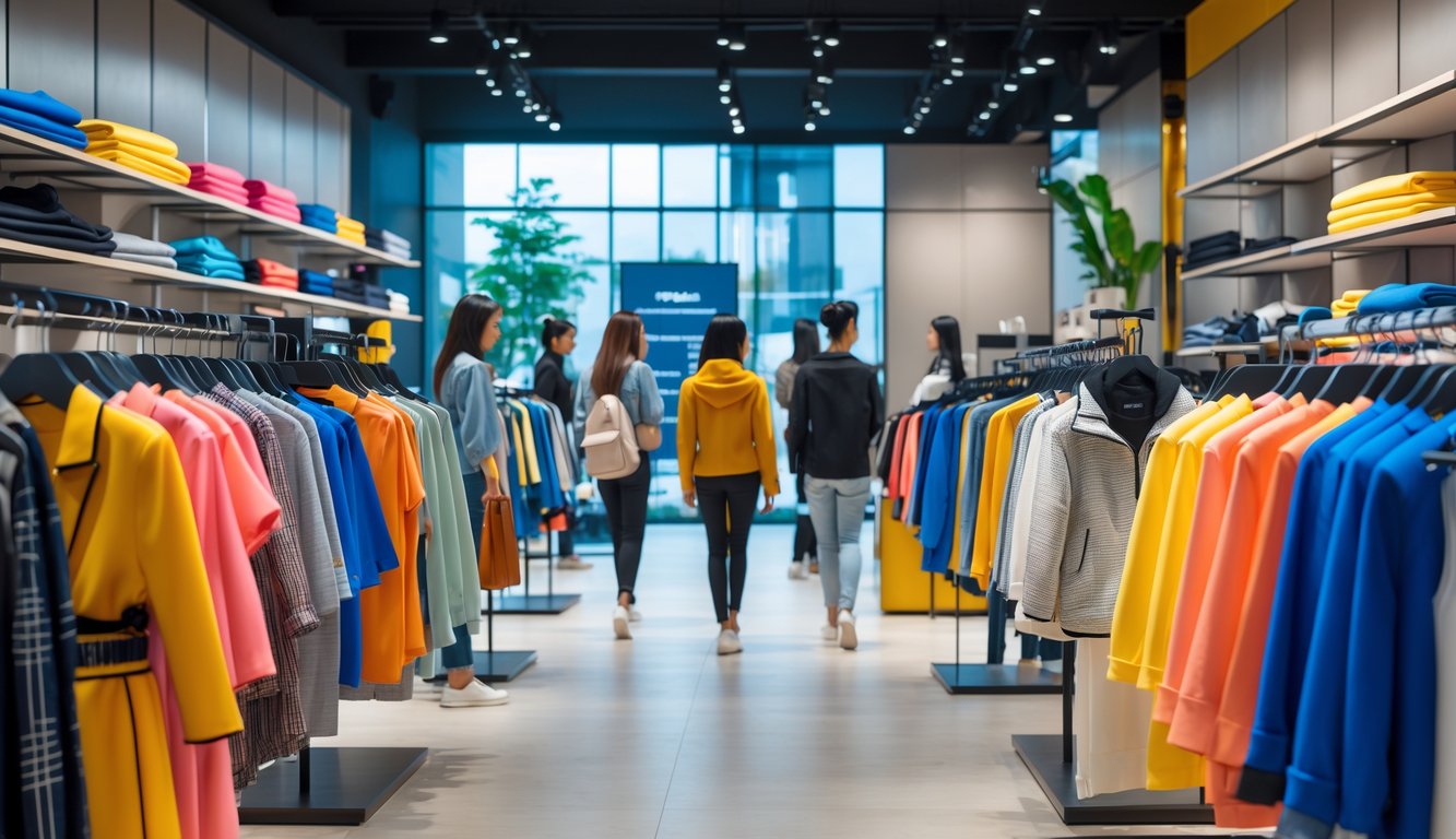 Interior toko pakaian modern dengan pakaian modis dan pengunjung yang sedang memilih baju.