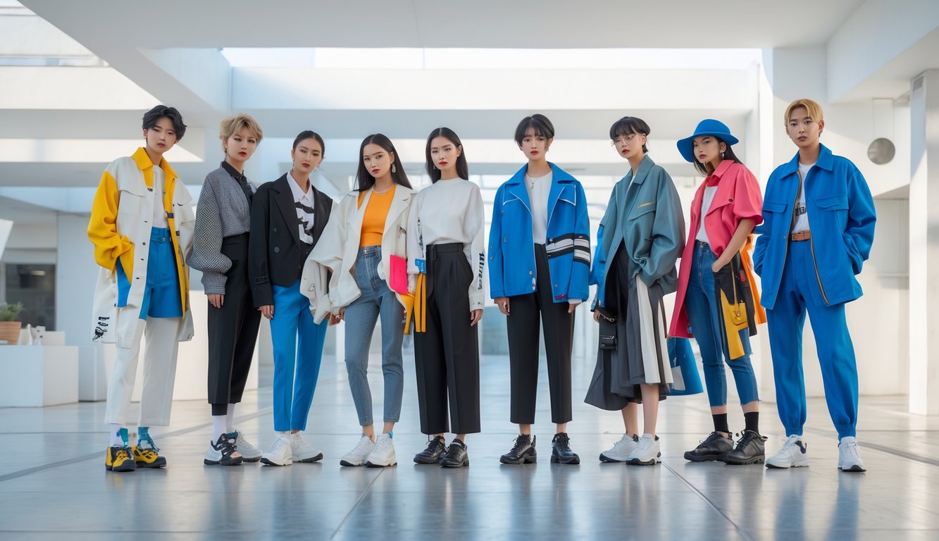 Sekelompok orang muda mengenakan pakaian trendi terbaru di lingkungan perkotaan modern.