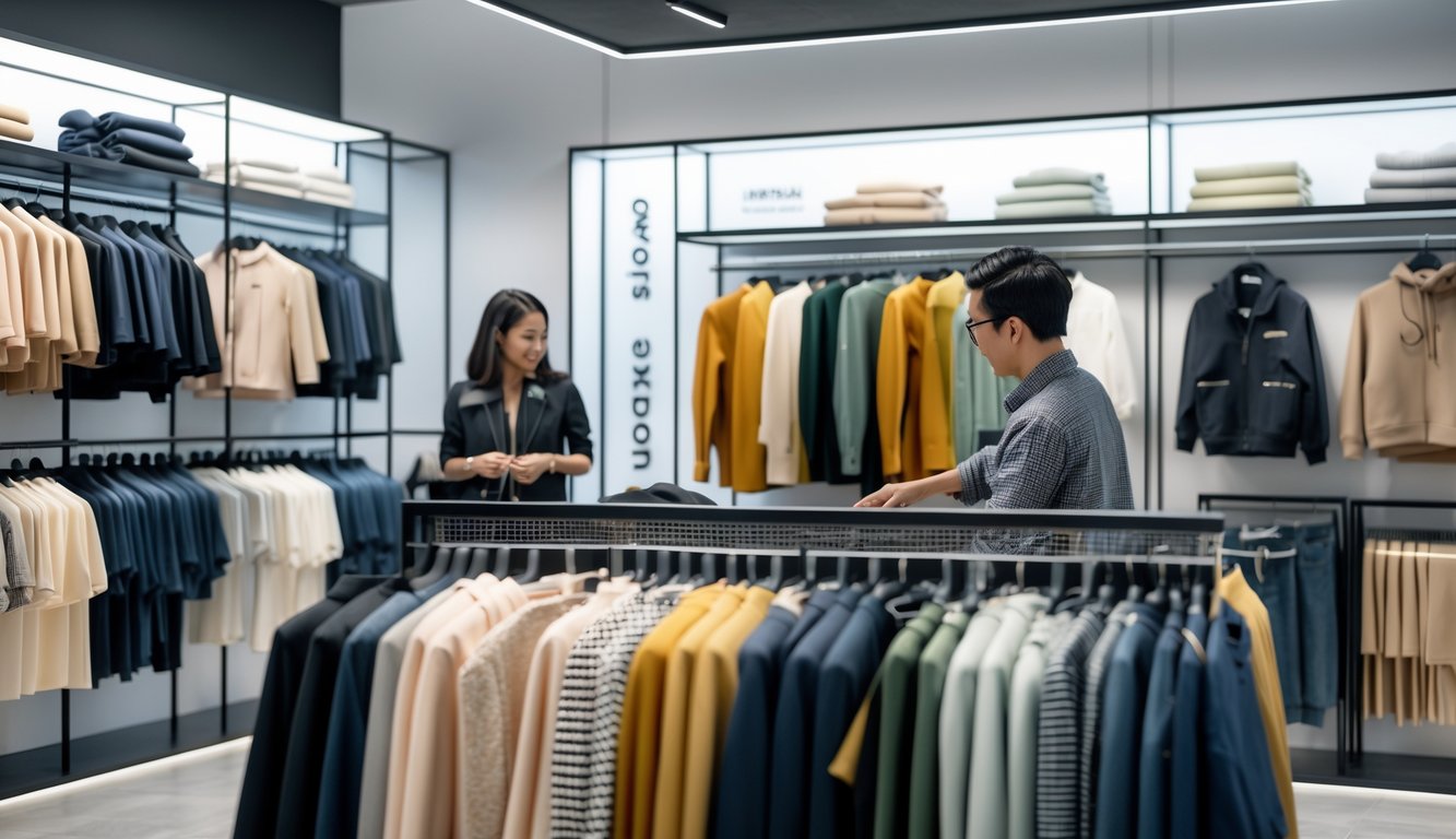Interior toko baju modern dengan pakaian berkualitas tinggi yang tersusun rapi dan seorang karyawan membantu pelanggan.