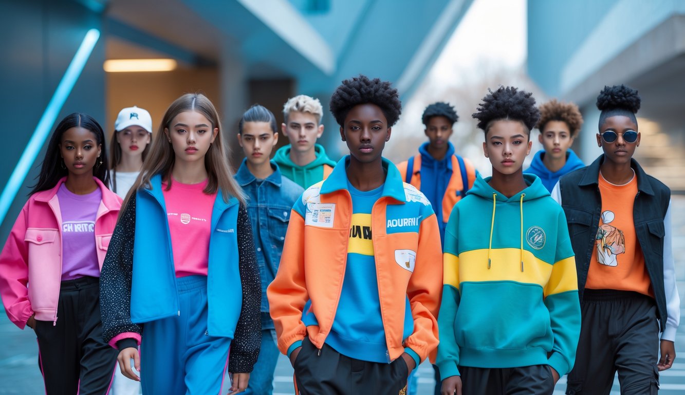 Sekelompok remaja berbusana trendi sedang berpose di lingkungan perkotaan modern.