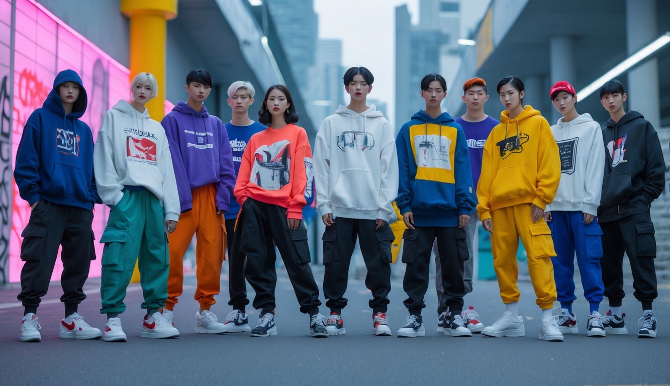 Sekelompok orang muda mengenakan pakaian streetwear trend terbaru di latar belakang kota modern.