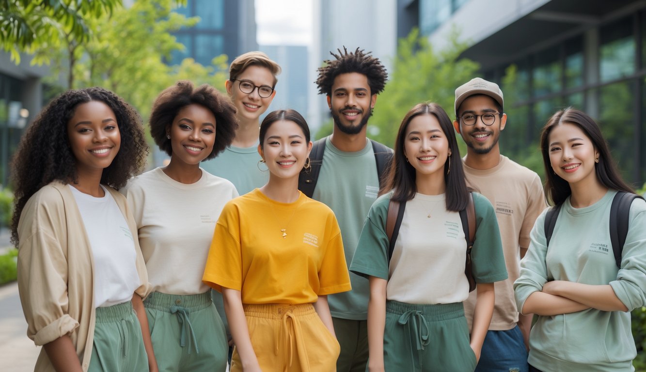 Sekelompok orang muda mengenakan pakaian ramah lingkungan sedang berinteraksi di luar ruangan dengan latar belakang kota dan tanaman hijau.