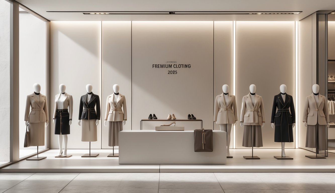 Butik pakaian modern dengan manekin yang mengenakan pakaian premium terbaru tahun 2025.