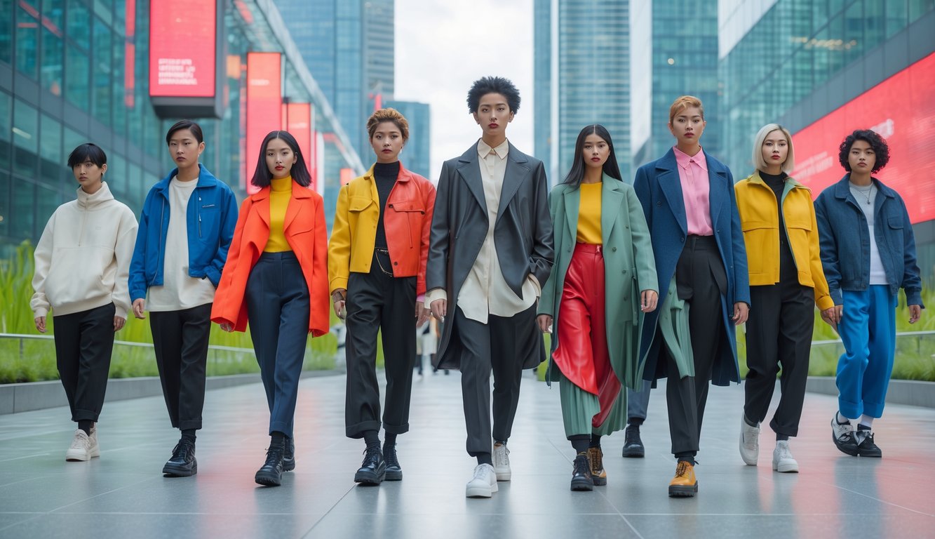 Sekelompok orang muda bergaya berjalan di kota modern dengan latar gedung pencakar langit dan tanaman hijau.