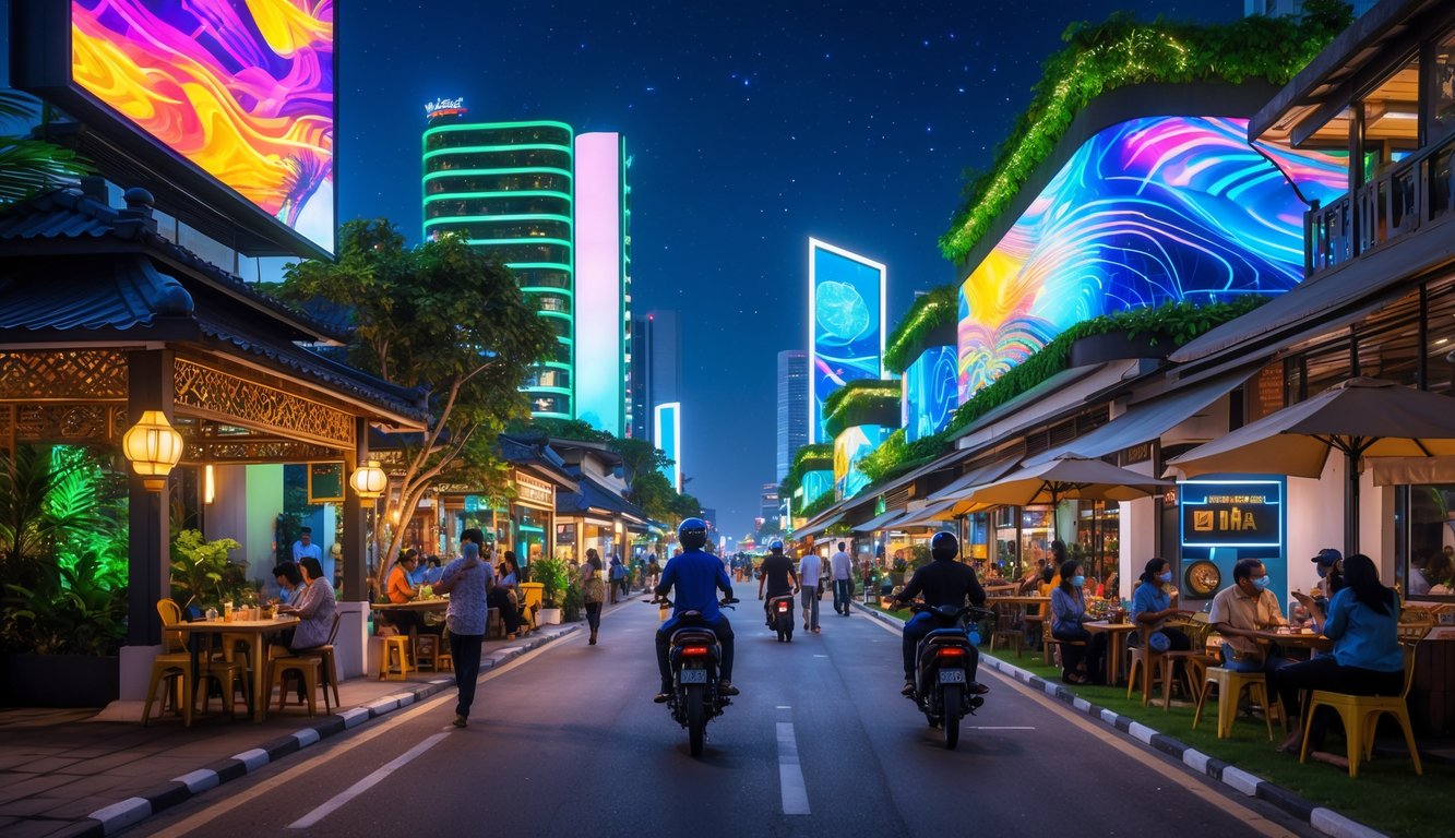 Suasana malam yang ramai di jalanan perkotaan Indonesia dengan lampu warna-warni, orang-orang menikmati hiburan dan makanan, serta bangunan modern dan tradisional yang menyatu.