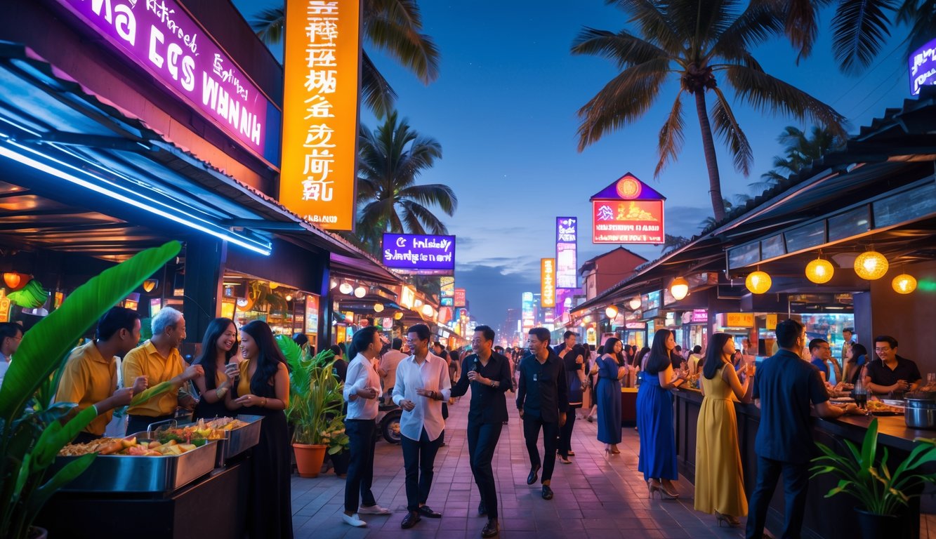 Suasana malam yang ramai di tempat hiburan malam populer di Indonesia dengan lampu warna-warni, orang-orang berpakaian malam menikmati waktu bersama, dan penjual makanan jalanan.