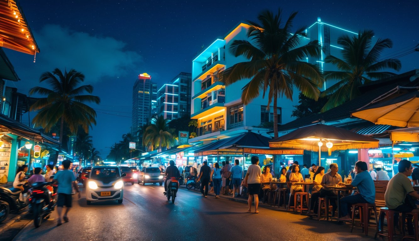 Suasana malam yang hidup di jalanan Indonesia dengan lampu neon warna-warni, orang-orang menikmati kafe dan warung makanan, serta kendaraan berlalu-lalang di bawah langit gelap.
