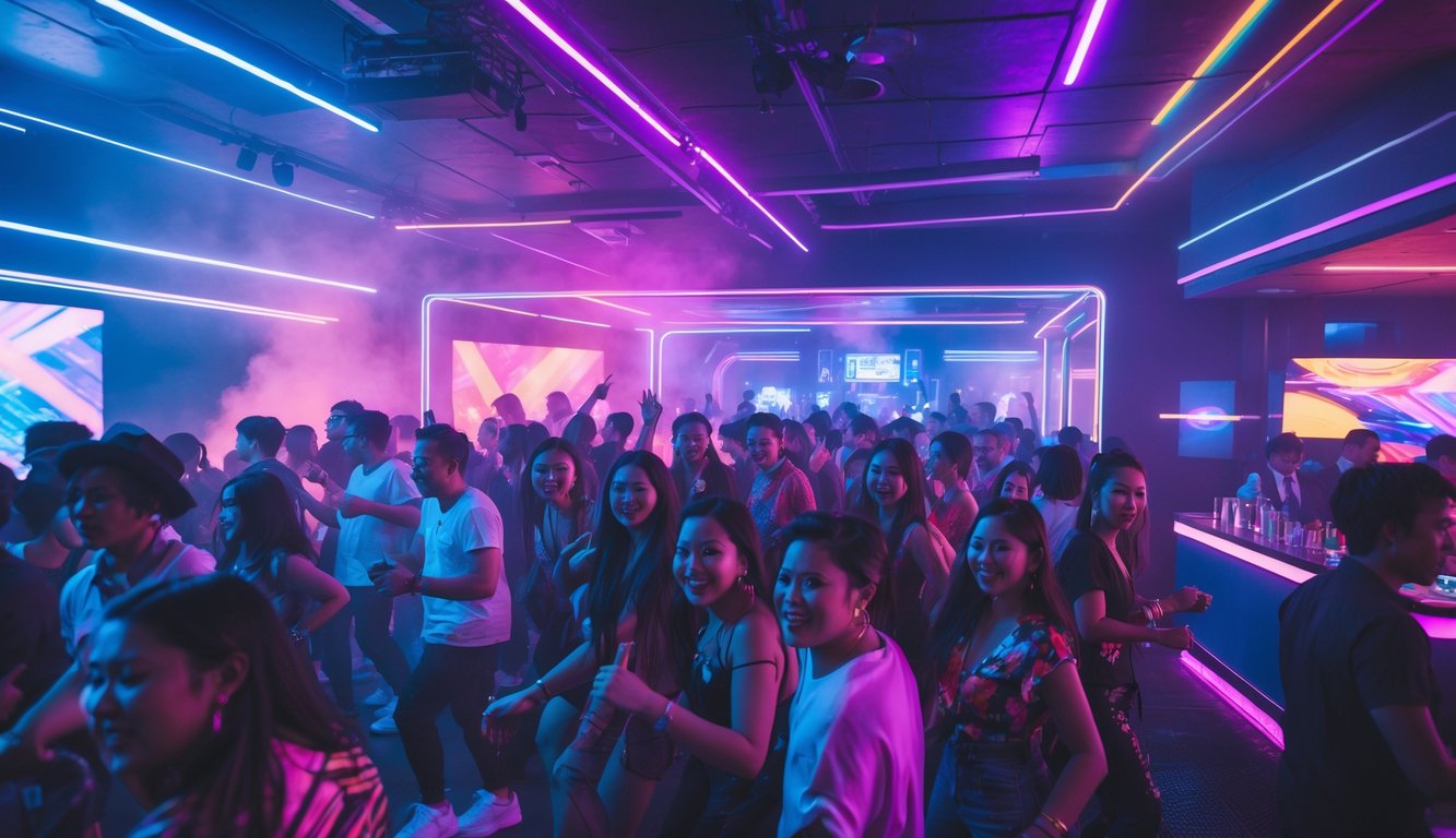 Suasana ramai di dalam klub malam Indonesia dengan orang-orang muda menari dan menikmati musik di bawah lampu neon berwarna-warni.