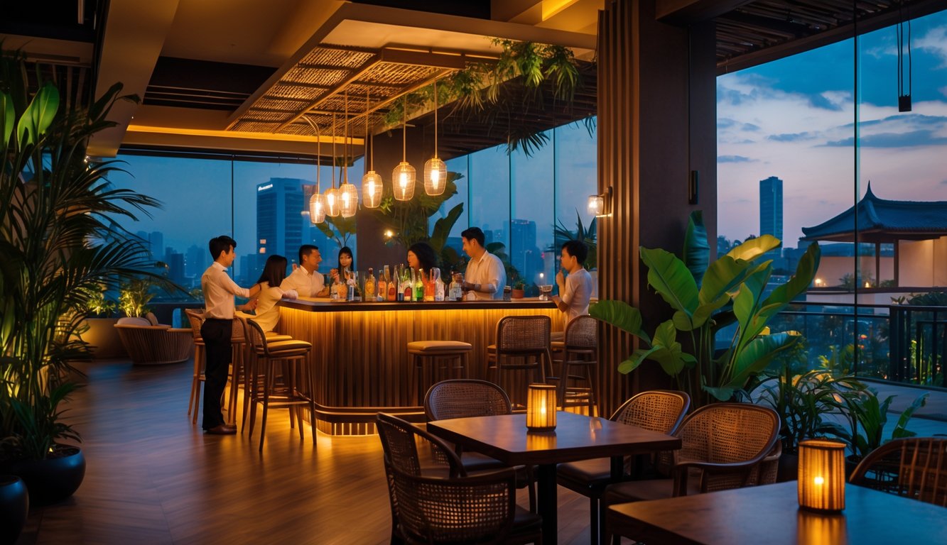 Interior bar dan lounge modern dengan pencahayaan hangat, furnitur kayu dan rotan, tanaman tropis, dan beberapa orang menikmati minuman di suasana santai.