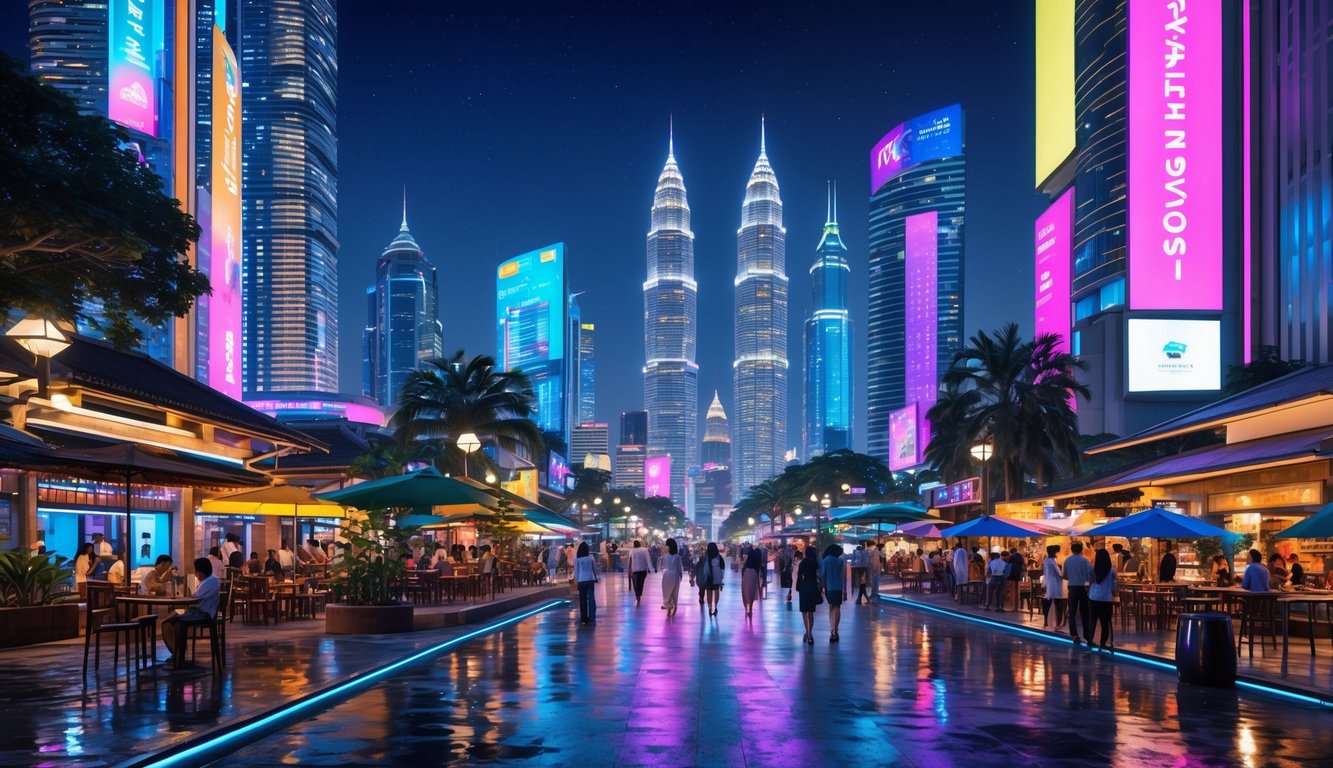 Pemandangan malam Jakarta yang ramai dengan gedung pencakar langit bercahaya dan orang-orang menikmati hiburan di jalanan.