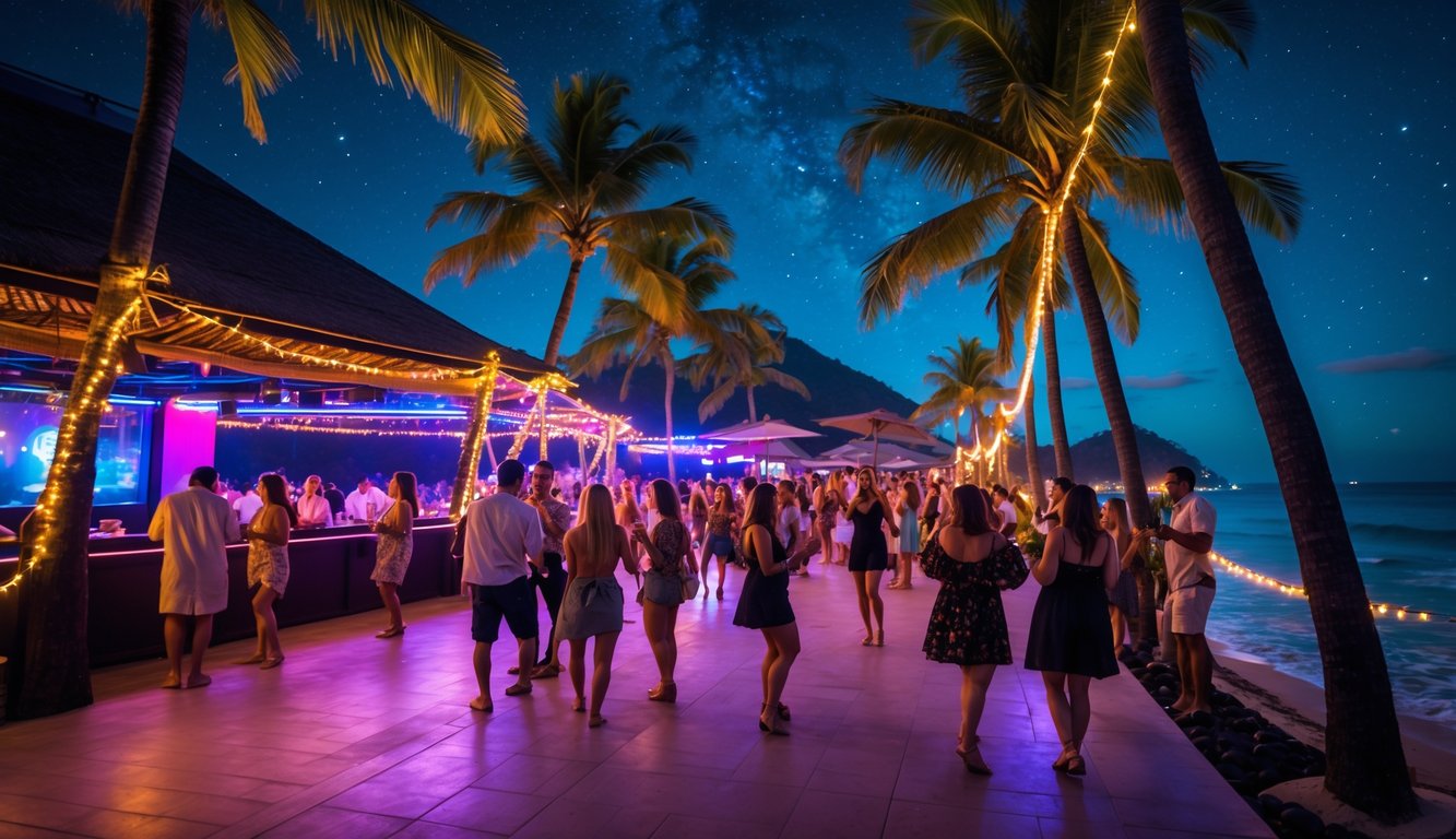 Suasana malam yang ramai di sebuah klub pantai di Bali dengan orang-orang menari dan bersosialisasi di bawah pohon palem yang dihiasi lampu-lampu kecil.