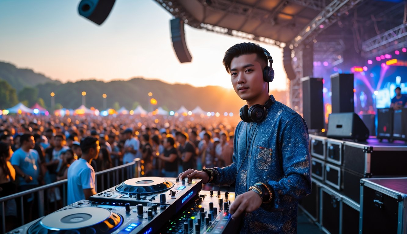 Seorang DJ terkenal dari Indonesia sedang tampil di festival musik luar ruangan dengan kerumunan orang dan panggung di latar belakang saat matahari terbenam.