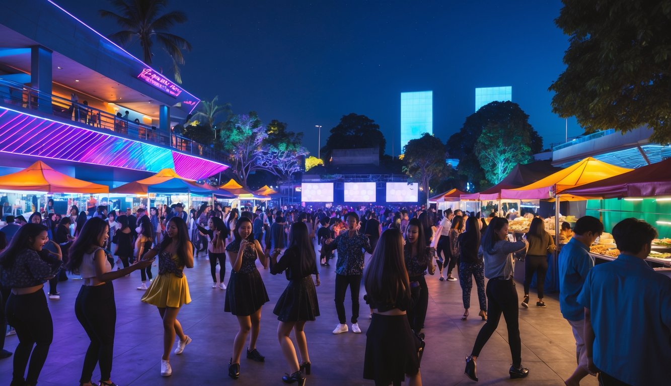 Kerumunan orang muda menikmati acara malam di luar ruangan dengan lampu warna-warni dan musik di kota Indonesia.