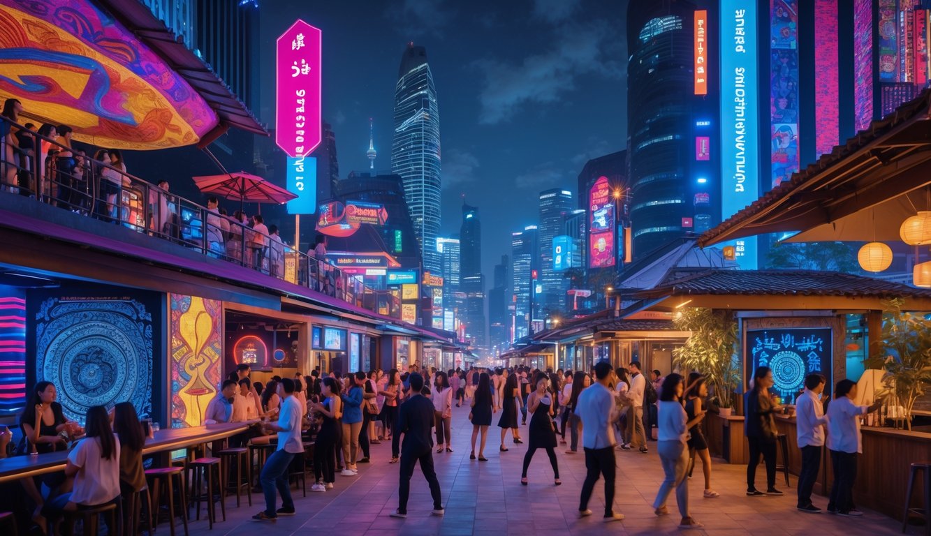 Suasana malam di kota Indonesia dengan orang-orang menikmati hiburan seperti musik live dan berkumpul di kafe terbuka.