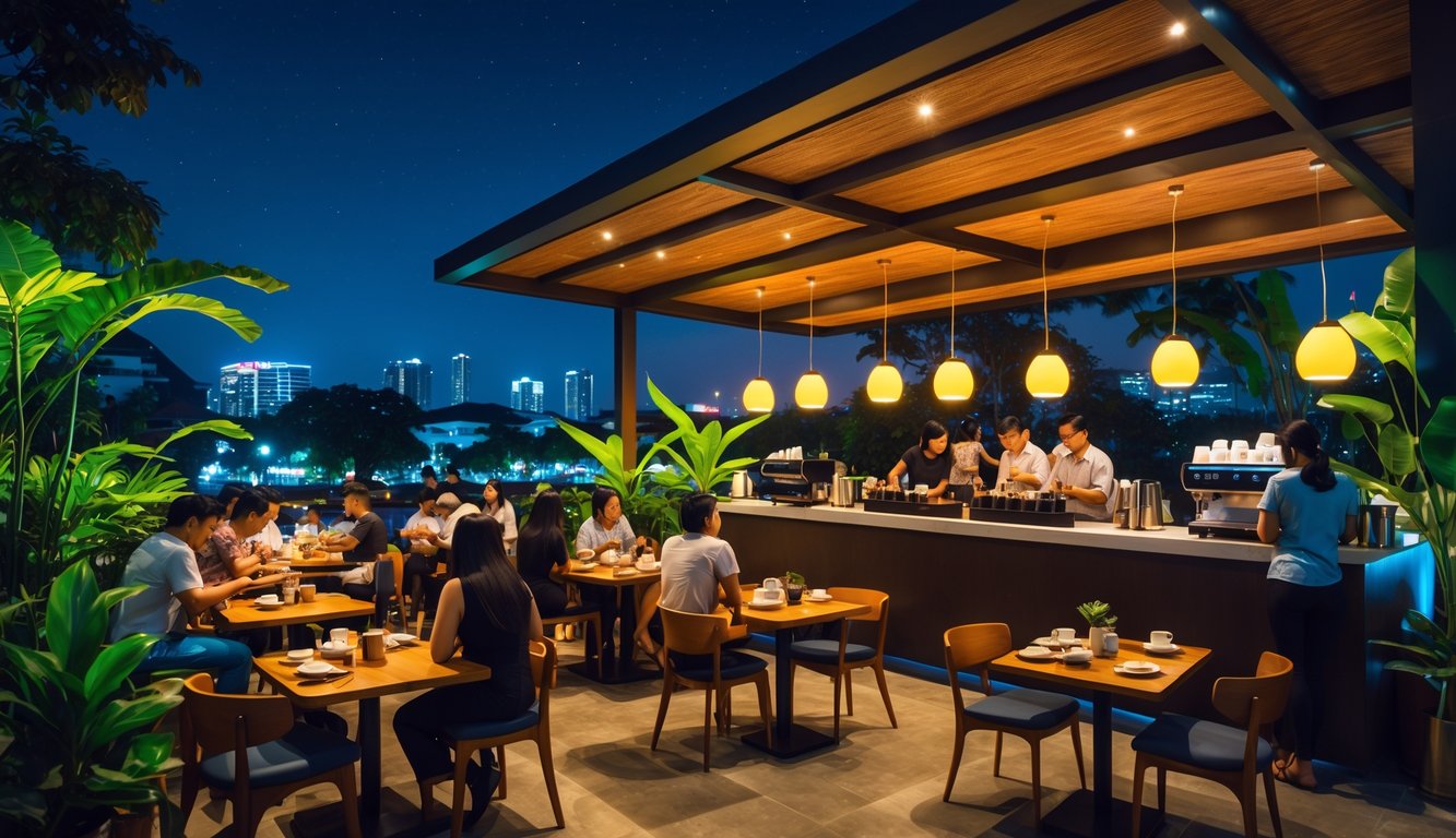 Suasana kafe malam yang ramai dengan orang-orang menikmati kopi dan makanan di luar ruangan dengan dekorasi tropis dan lampu hangat.