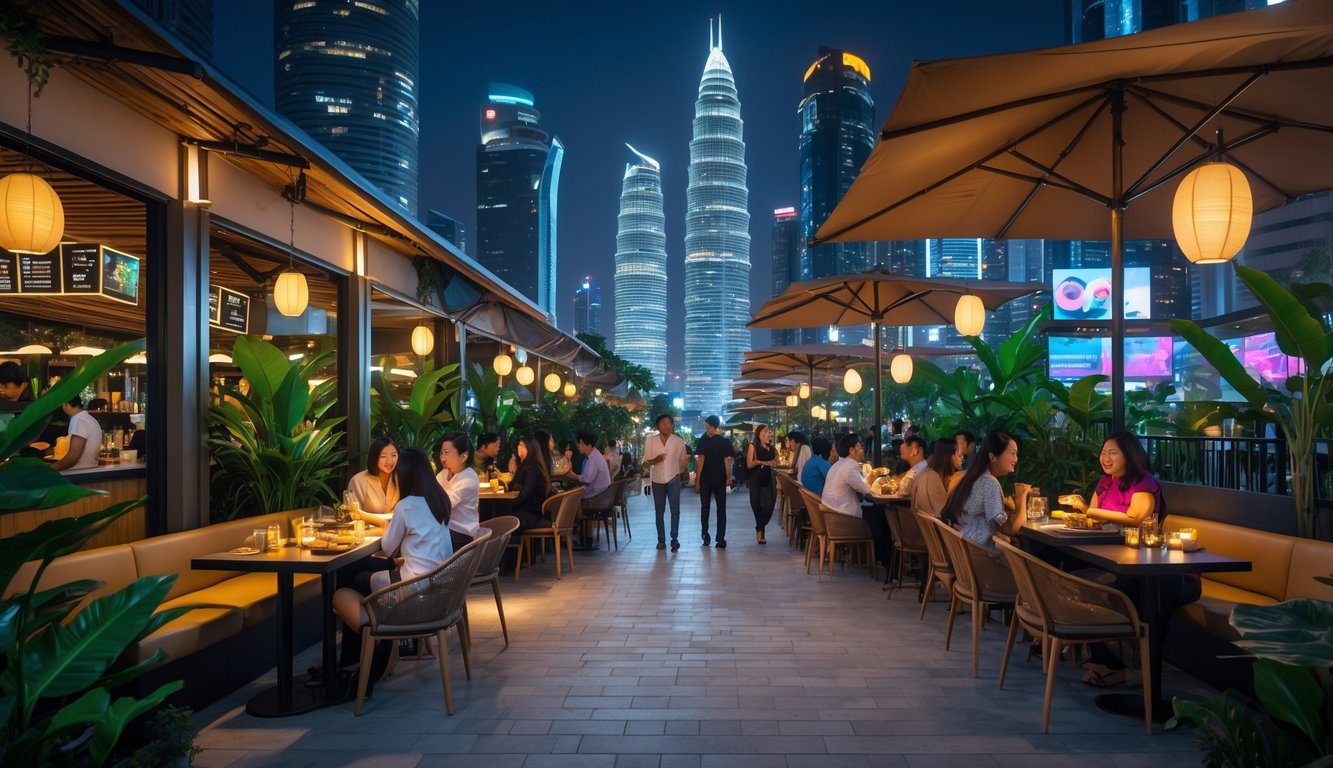 Suasana kafe malam yang ramai di Jakarta dengan orang-orang menikmati makanan dan minuman di luar ruangan, dikelilingi lampu dan gedung pencakar langit.