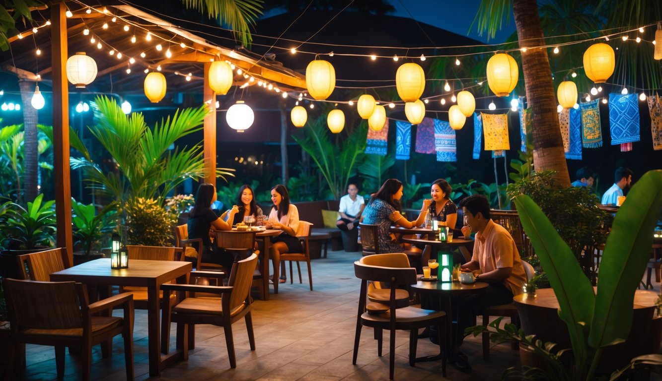 Tempat nongkrong malam di luar ruangan dengan lampu gantung, tanaman tropis, dan orang-orang yang sedang bersantai.