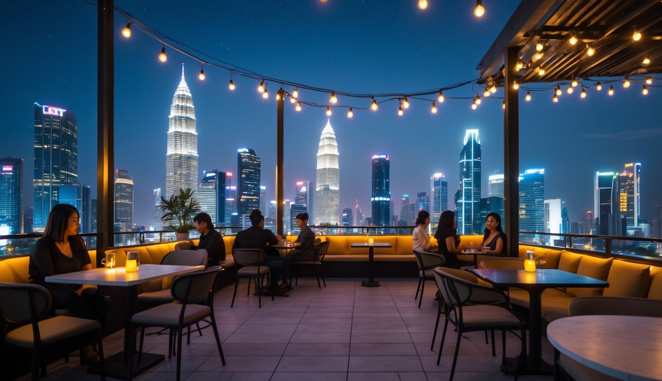 Kafe di atap gedung pada malam hari dengan pemandangan kota Jakarta yang terang dan orang-orang duduk menikmati suasana.