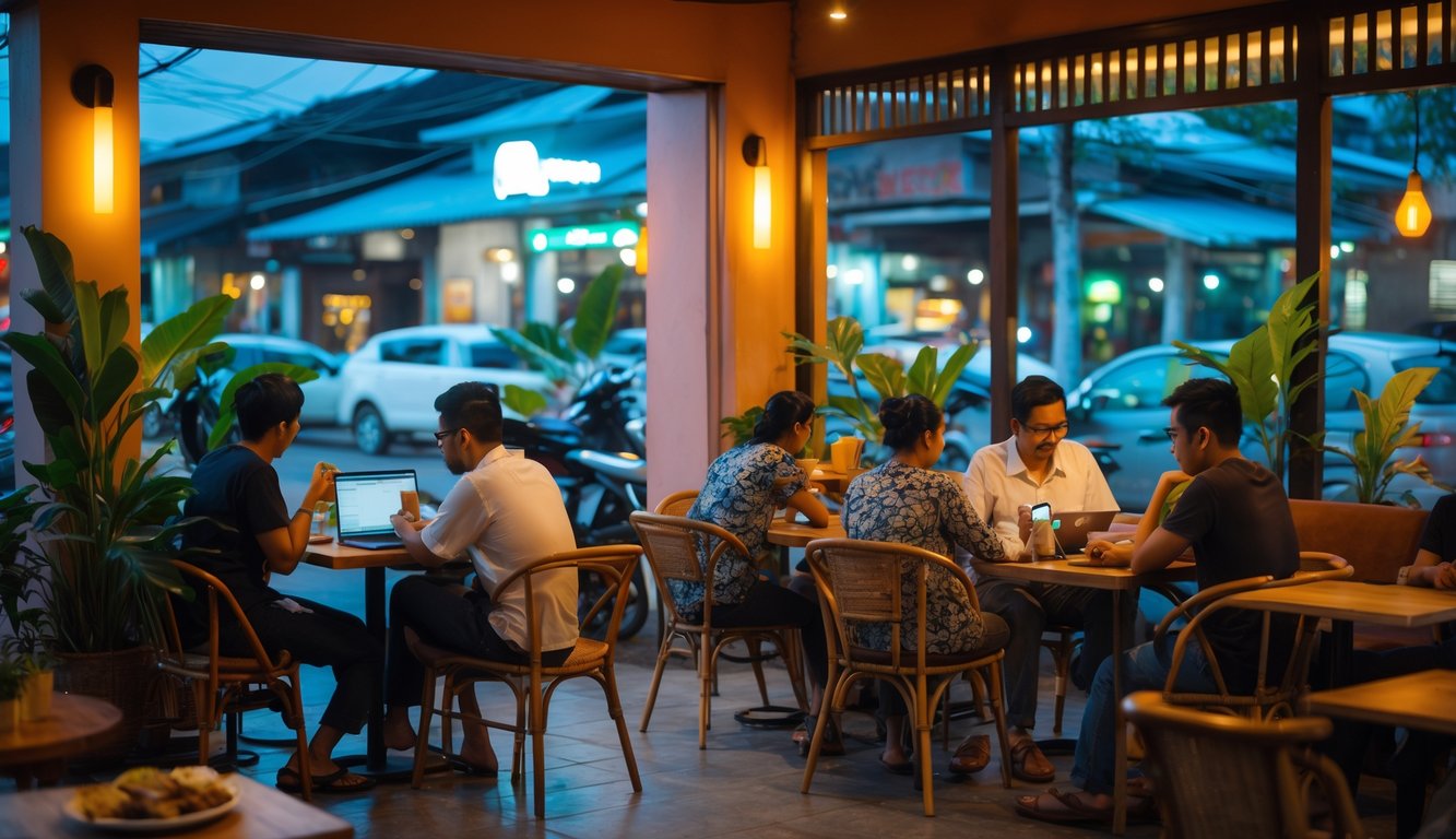 Suasana kafe 24 jam di Indonesia dengan pelanggan menikmati kopi dan makanan di dalam ruangan yang nyaman dan hangat.