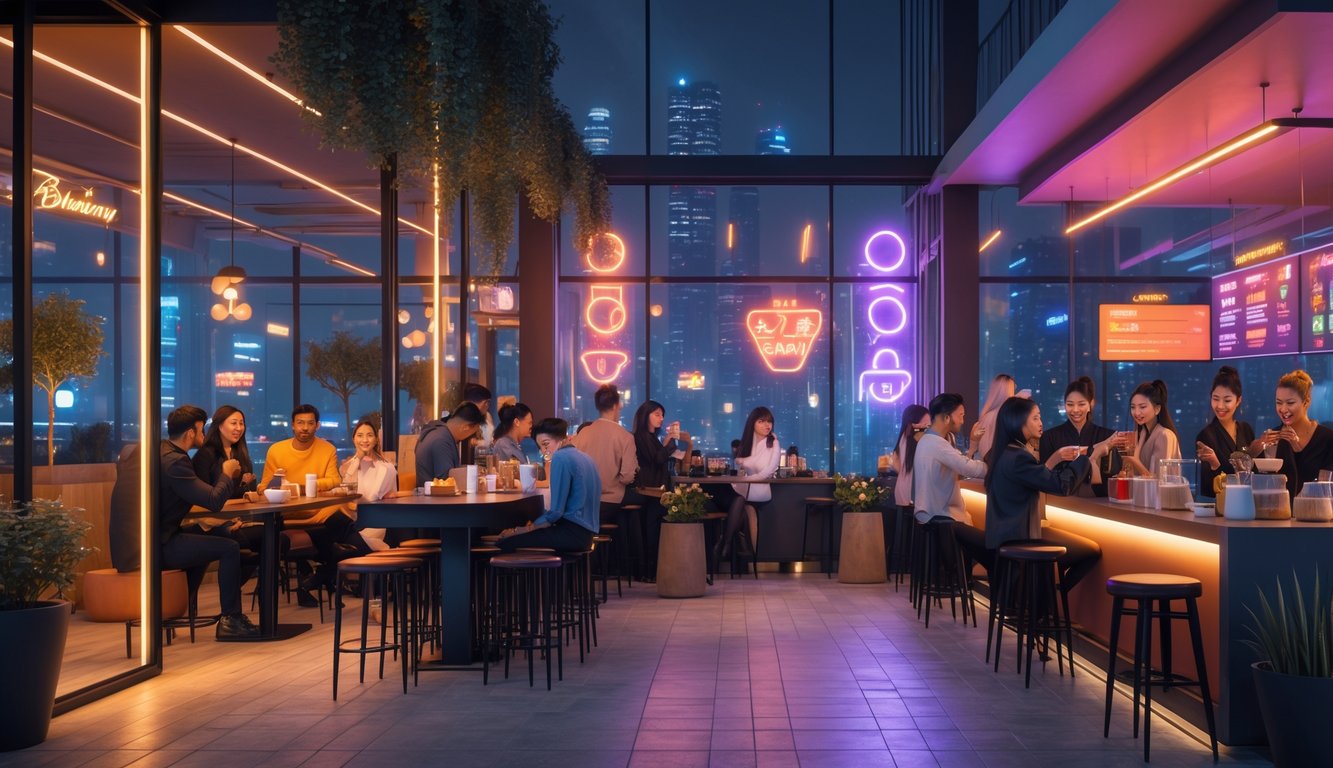 Suasana kafe malam yang ramai dengan pencahayaan hangat, orang-orang duduk menikmati minuman di area dalam dan luar ruangan, dengan dekorasi lampu dan tanaman.