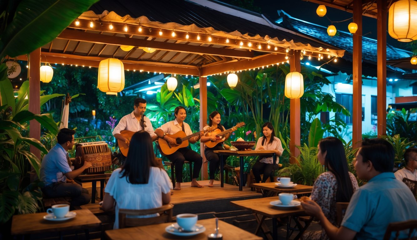 Suasana kafe malam di Indonesia dengan pertunjukan musik live dan orang-orang menikmati musik di luar ruangan.