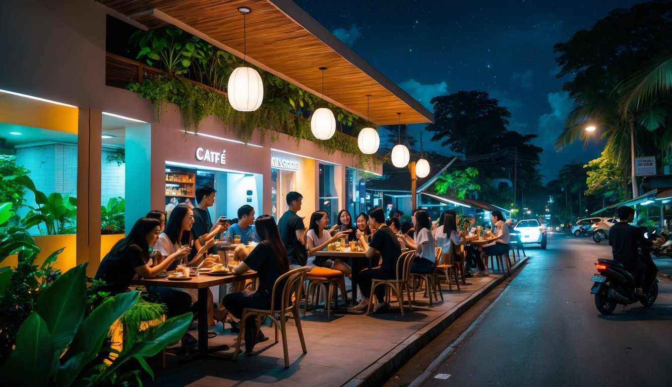 Pemandangan malam di sebuah kafe jalanan di Indonesia dengan orang-orang muda yang menikmati makanan dan minuman di bawah lampu hangat dan tanaman hijau.