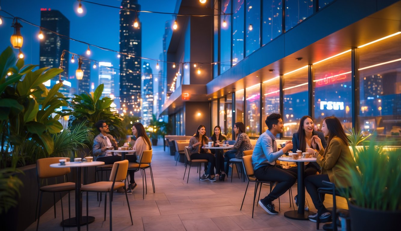 Suasana malam di sebuah kafe modern dengan orang-orang menikmati kopi dan bersosialisasi di area luar ruangan yang terang dan nyaman.