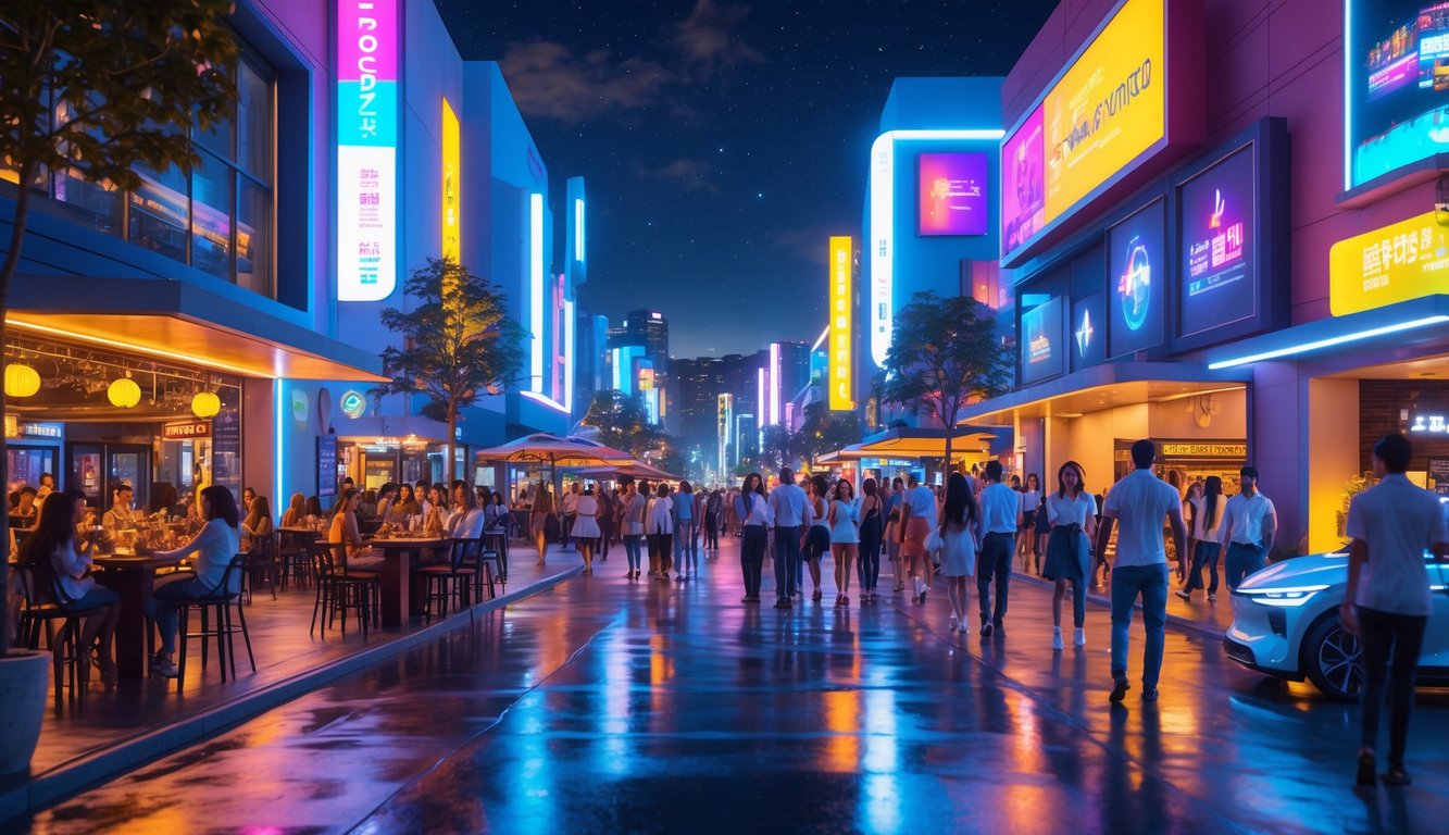 Suasana malam hari yang ramai di kawasan hiburan dengan orang-orang berjalan dan menikmati berbagai aktivitas di jalan yang terang benderang.