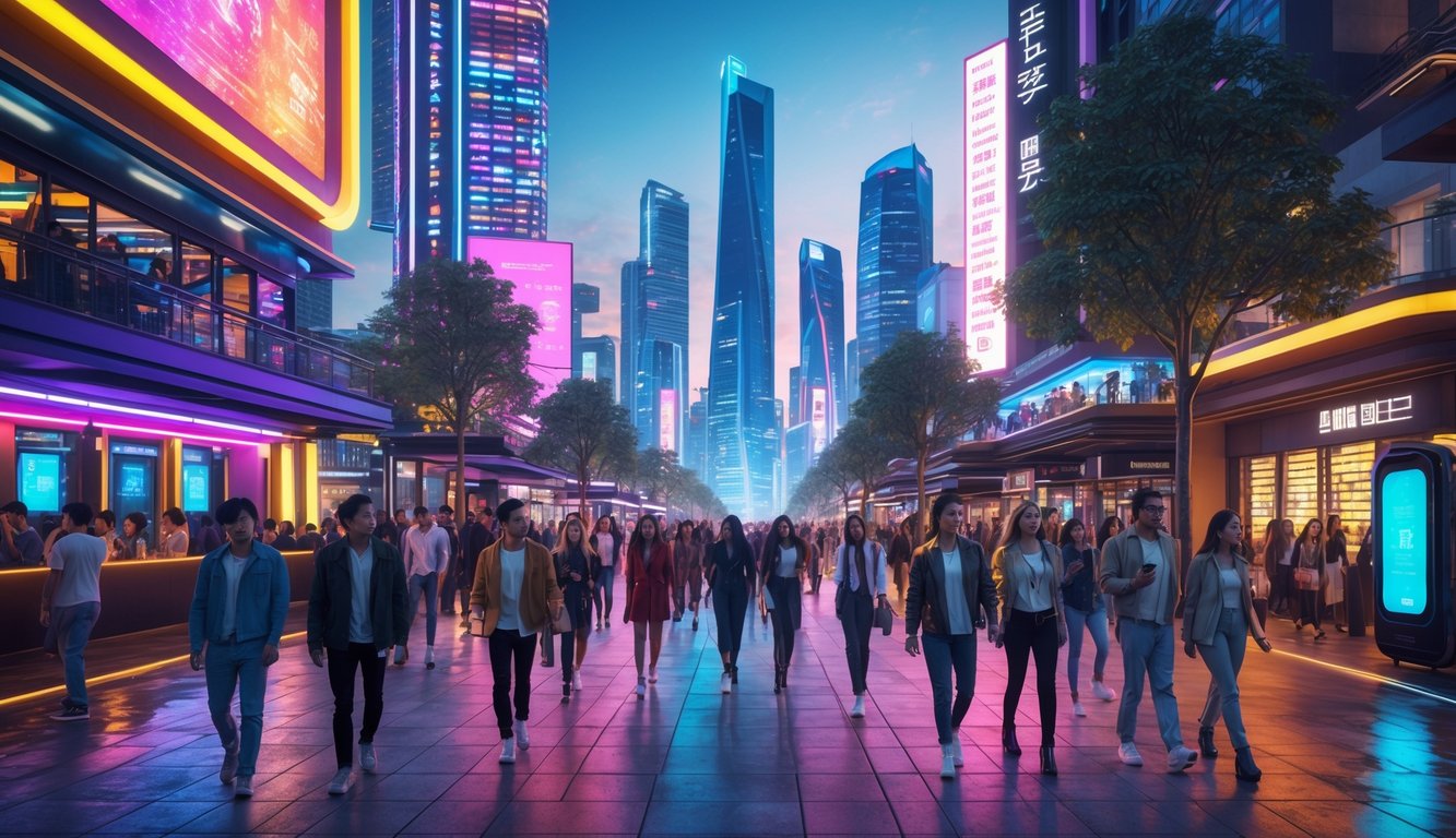 Suasana ramai di kawasan hiburan malam populer dengan lampu neon berwarna-warni, orang-orang berjalan dan bersantai di luar bar dan klub malam modern.