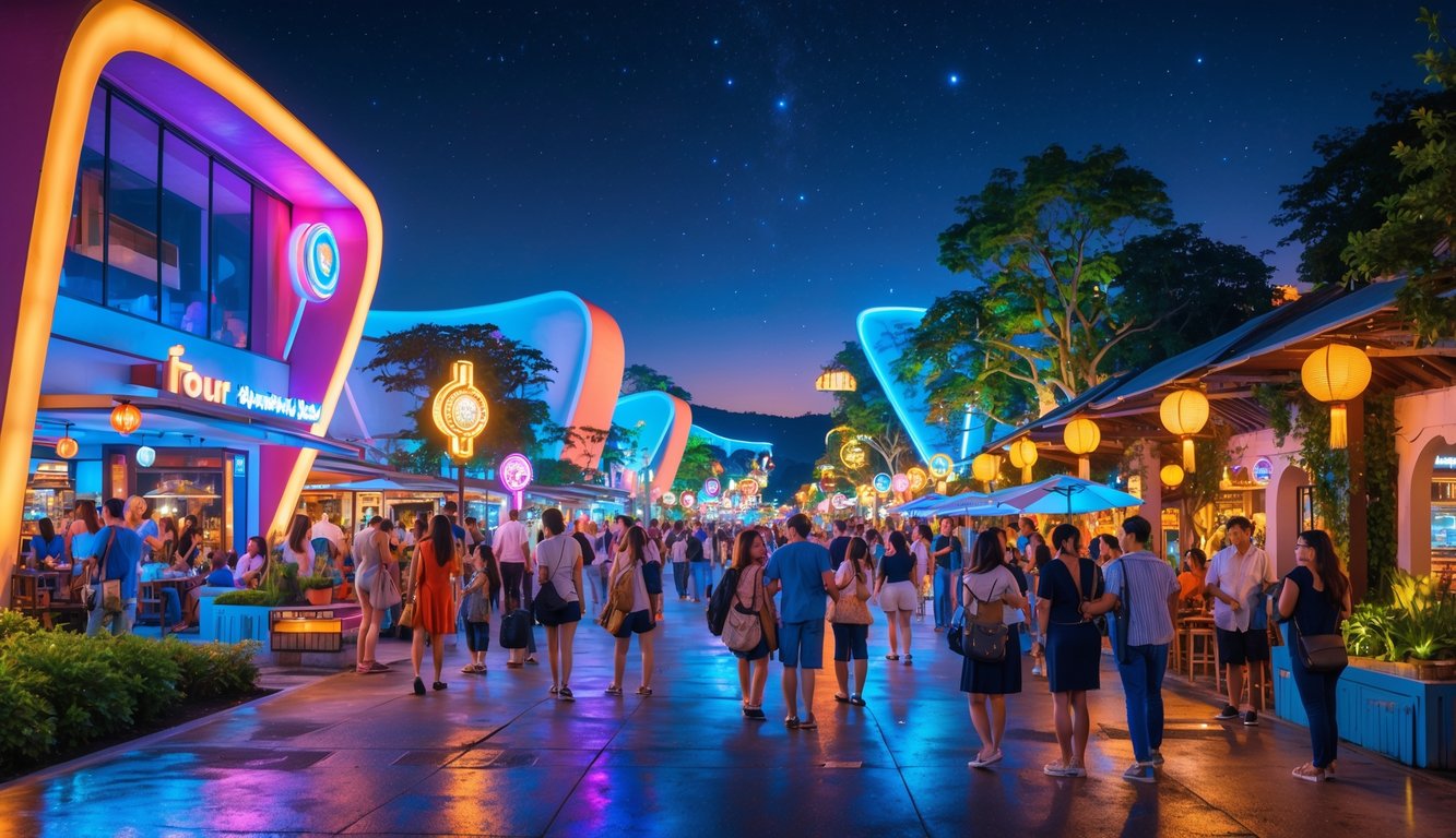 Destinasi wisata malam yang ramai dengan lampu warna-warni, orang-orang menikmati suasana di kafe luar ruangan dan jalan setapak yang diterangi lentera.