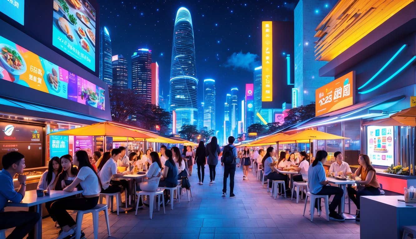 Suasana wisata malam modern tahun 2025 dengan jalan kota yang ramai, lampu neon, kafe luar ruangan, dan orang-orang yang menikmati aktivitas malam hari.