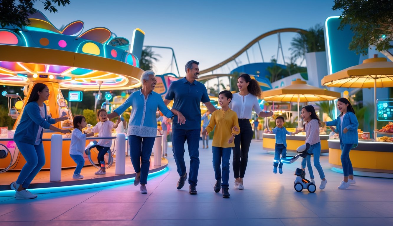 Keluarga dari berbagai usia menikmati hiburan malam di taman bermain modern dengan lampu warna-warni dan aktivitas seru.